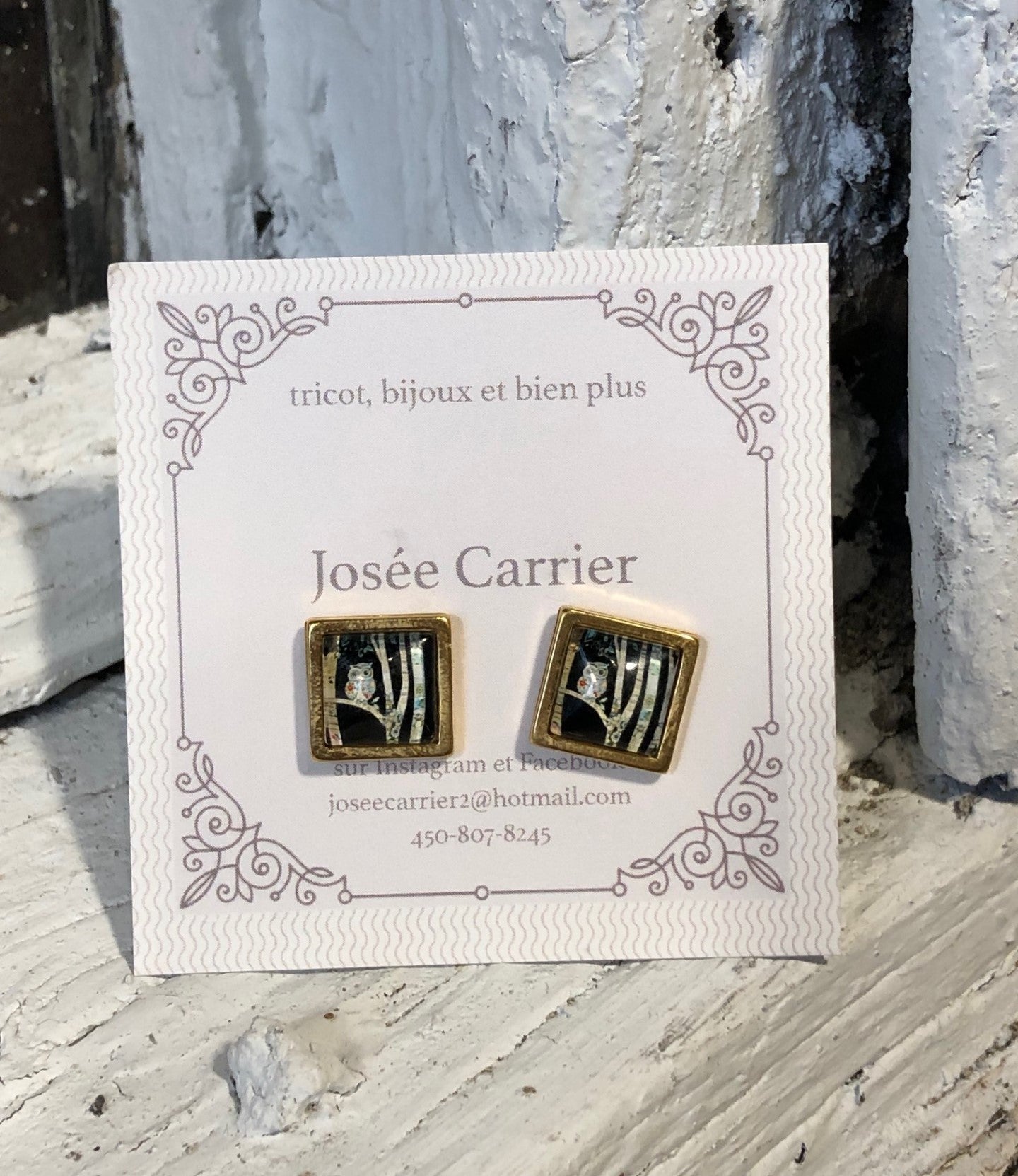 Boucles d'Oreilles JC Carrées Dorées Hibou Arbre #014