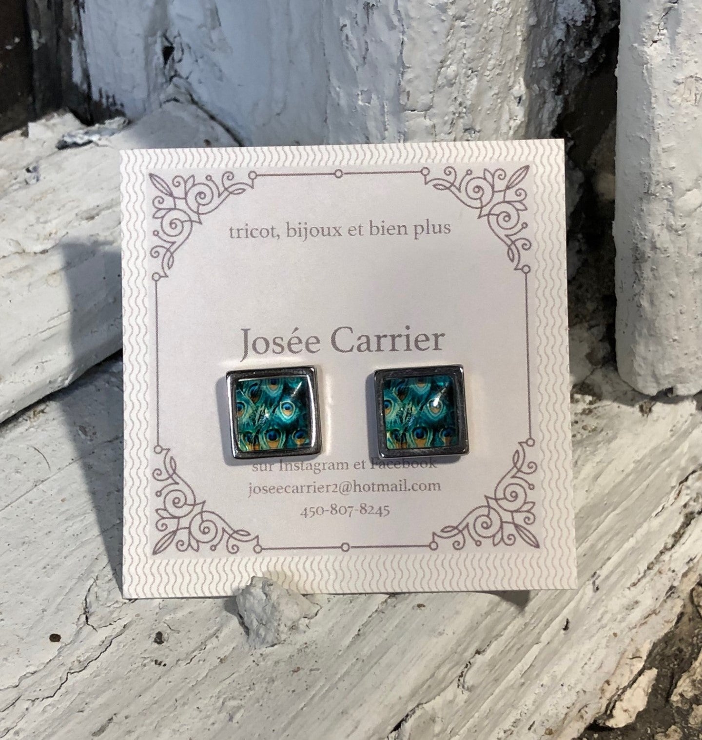 Boucles d'Oreilles JC Carrées Plumes de Paon #018