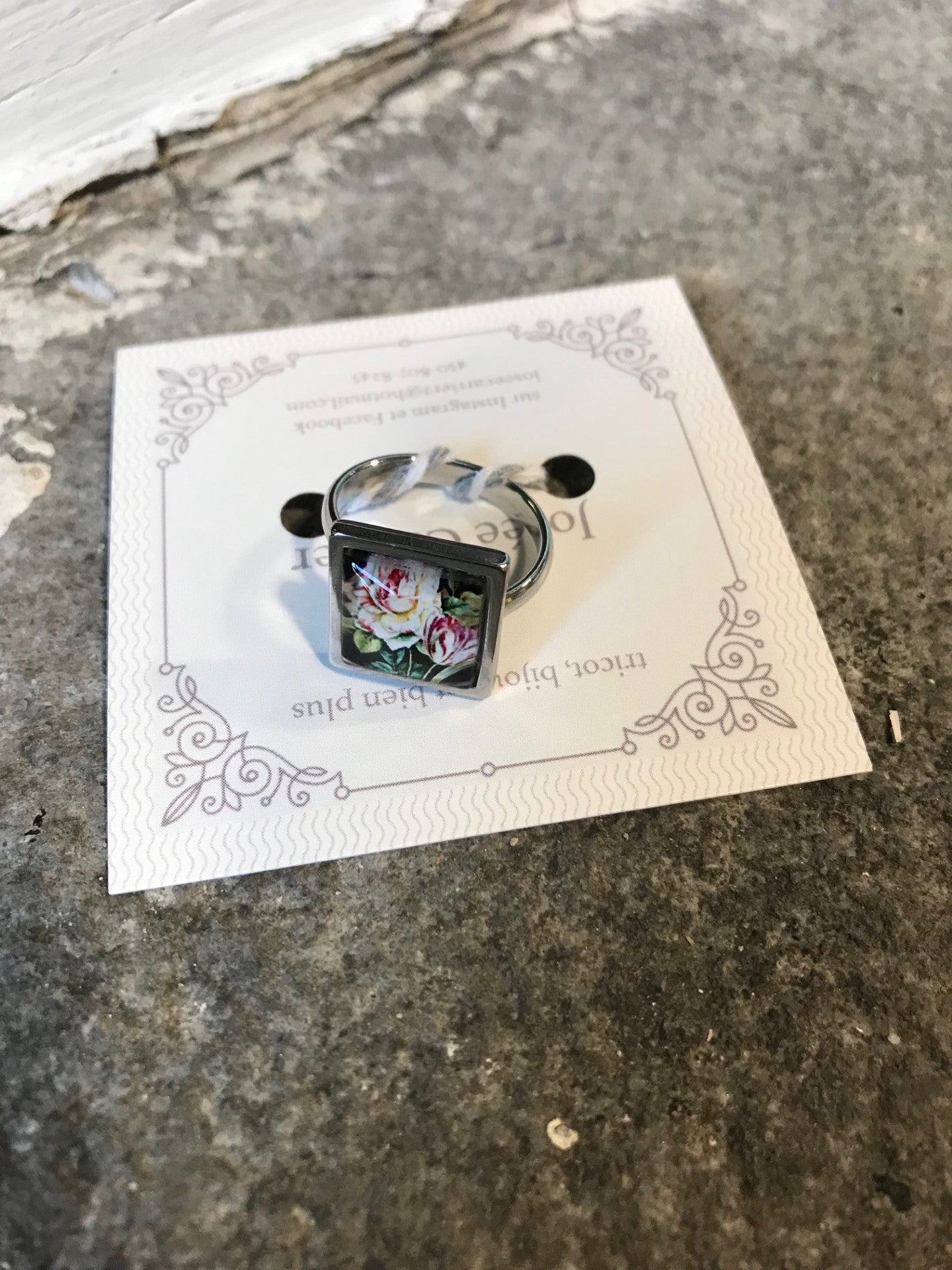 Bague Carrée JC Argent Roses #012