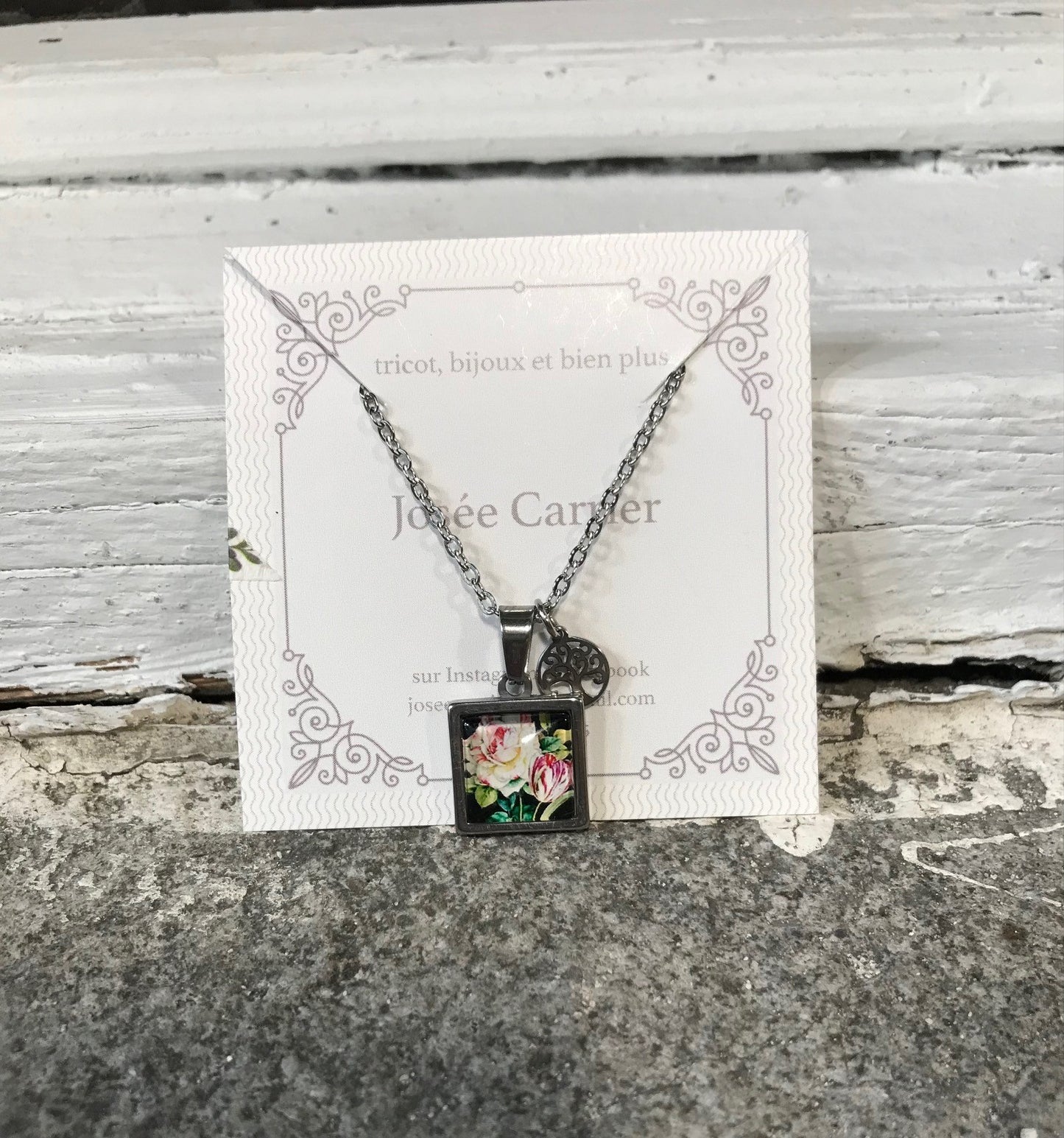 Collier Court JC Carré Argent Roses #005