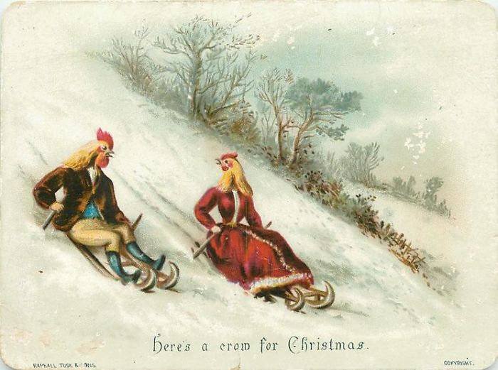 Carte Noël Victorien - Madame Poule Et Monsieur Coq Font De La Luge