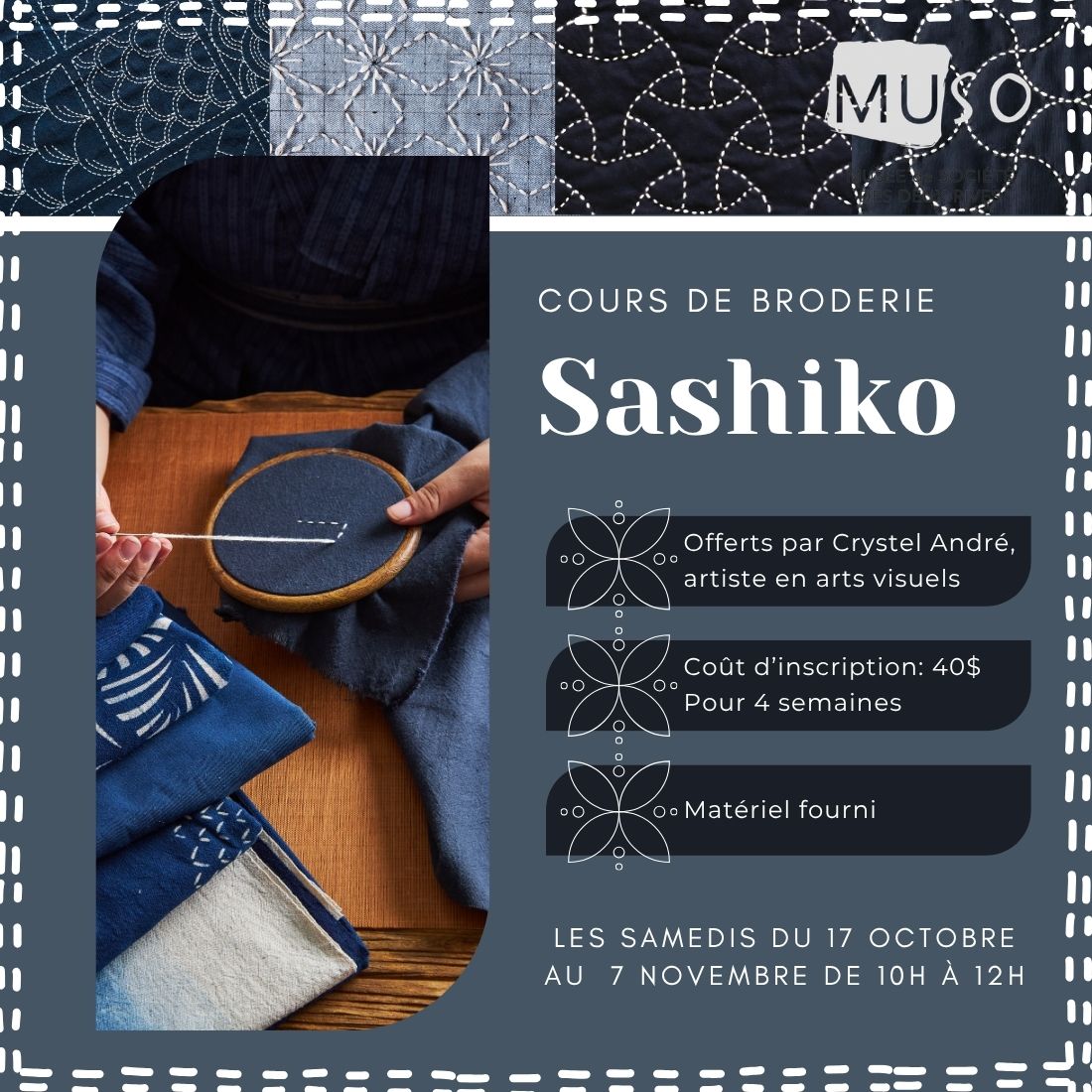 Cours de broderie Sashiko- du 17 Octobre au 7 Novembre 2026